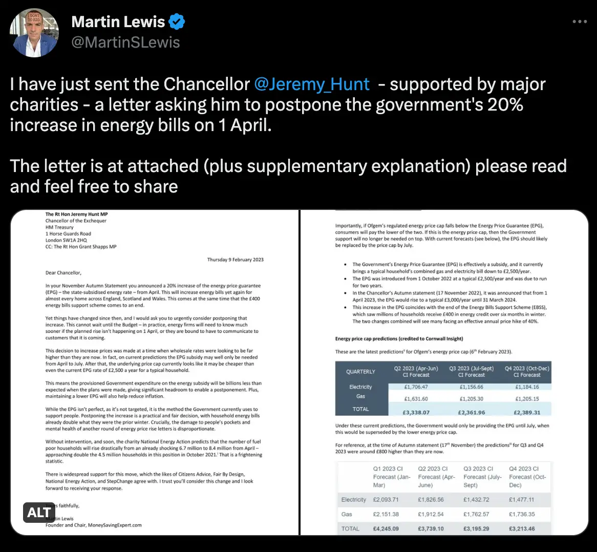 Lewis shared his plea to Jeremy Hunt on Twitter.