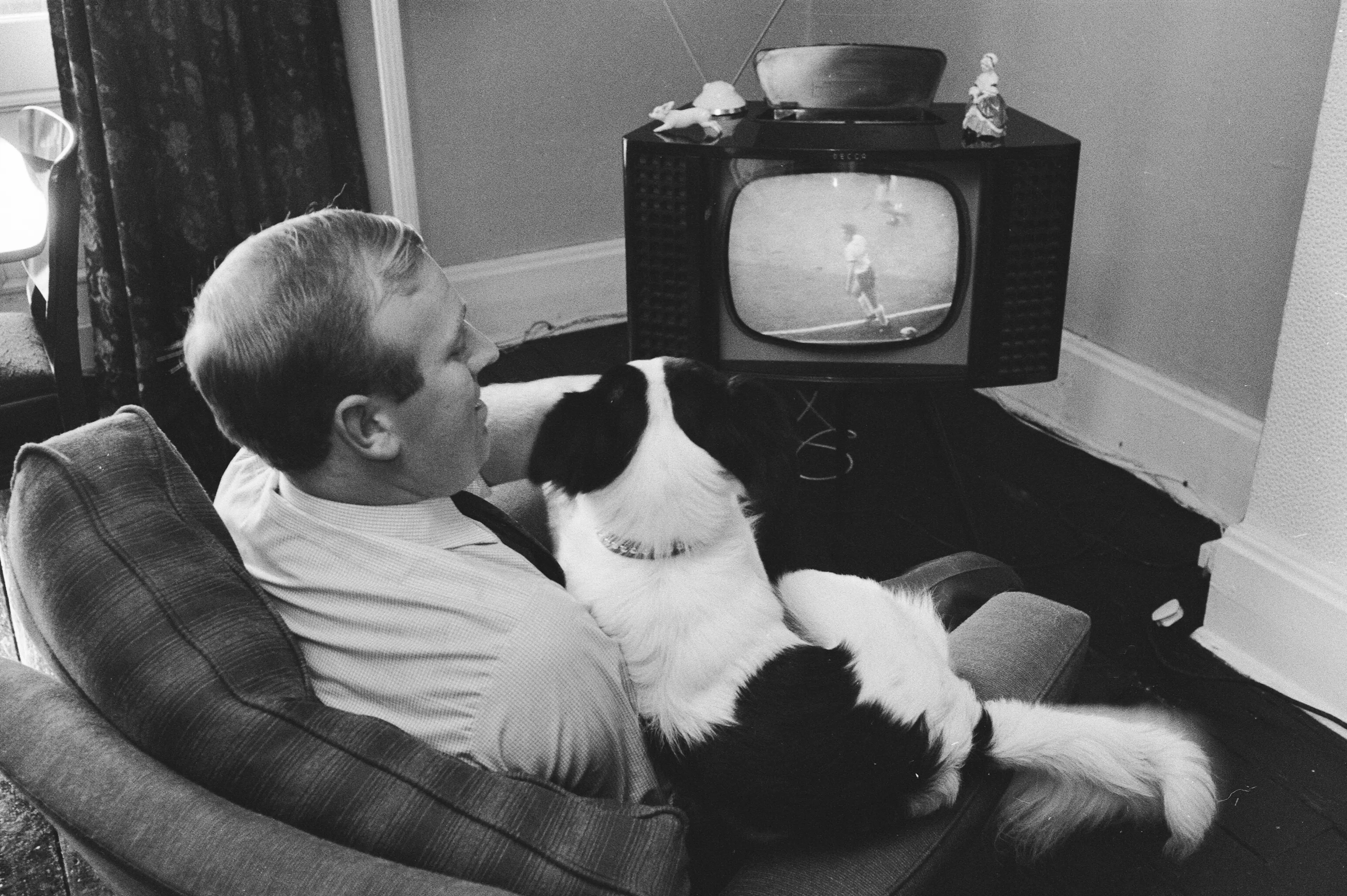 Pickles watches the football with his dad. (Bill Rowntree/Daily Mirror/Mirrorpix via Getty Images)
