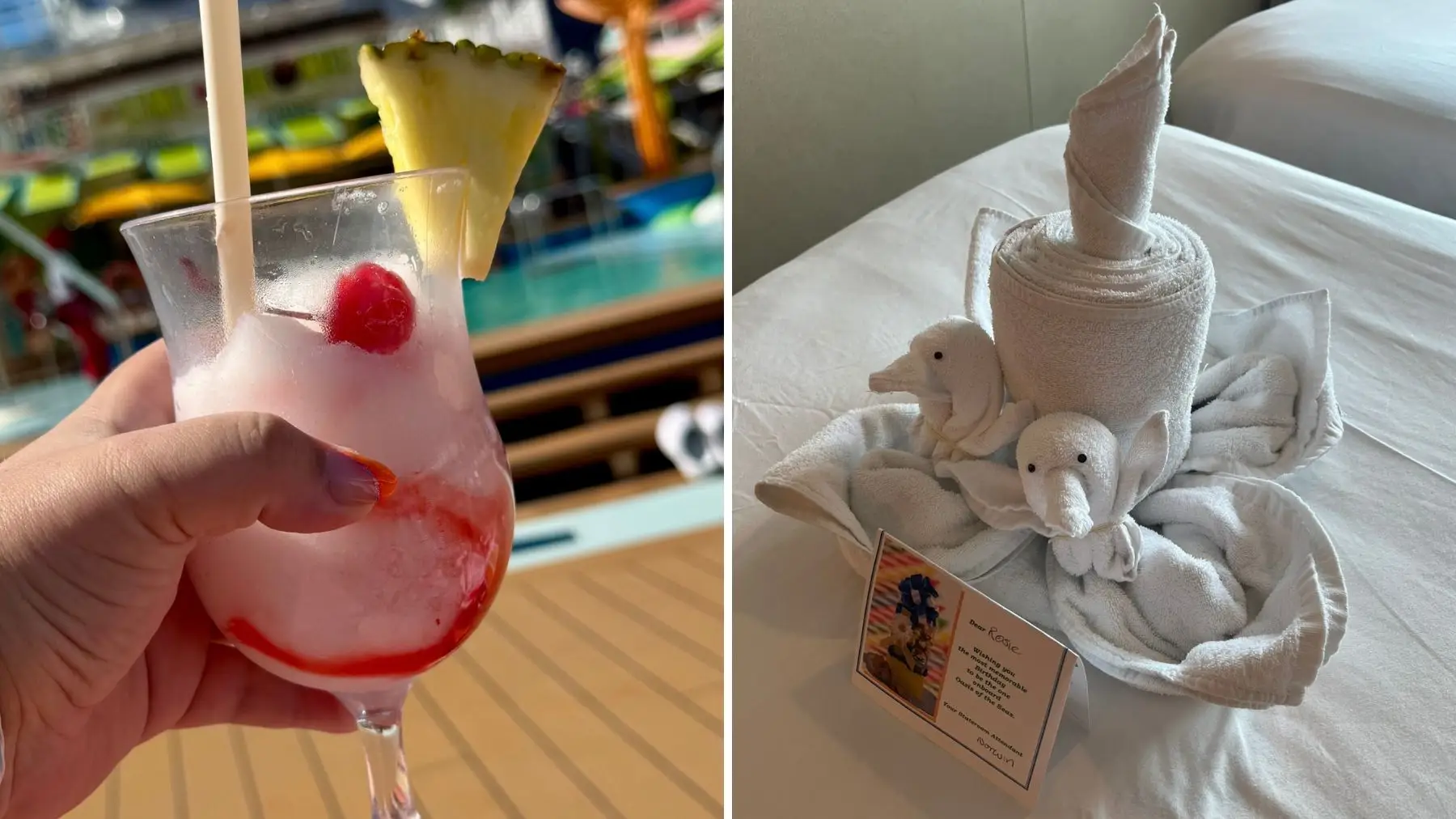 My glass was never empty and crew go above and beyond to give you the best holiday ever, like they did with this towel cake on my birthday a few years ago. Image