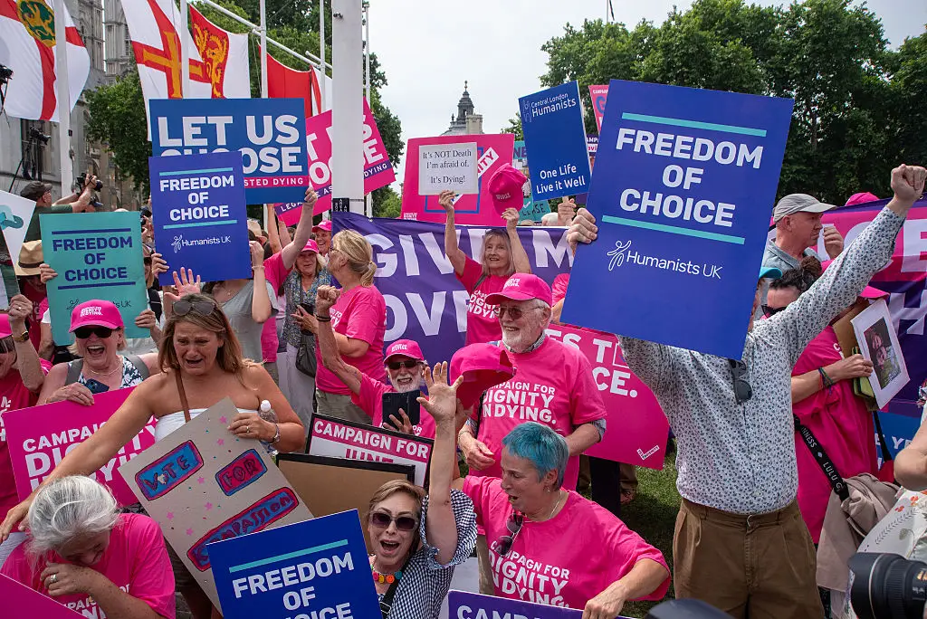 Assisted dying advocated celebrating after the bill was accepted in parliament (Krisztian Elek/SOPA Images/LightRocket via Getty Images)
