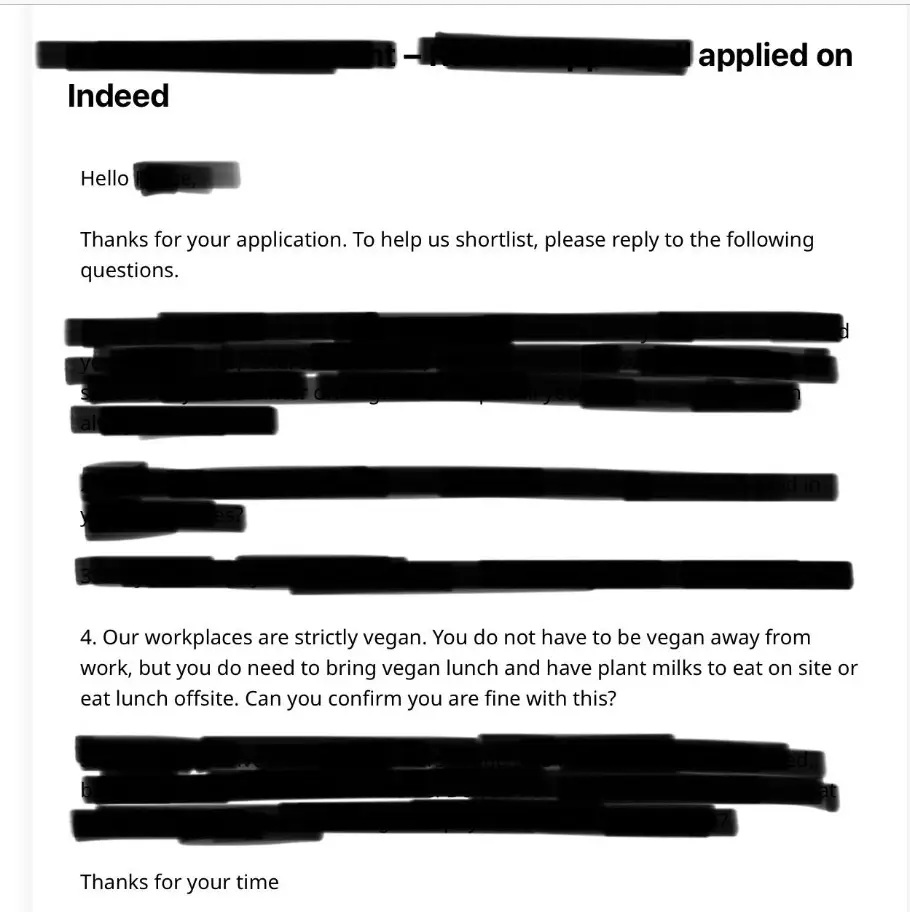 The employer demanded that all employees follow a vegan diet while at work.