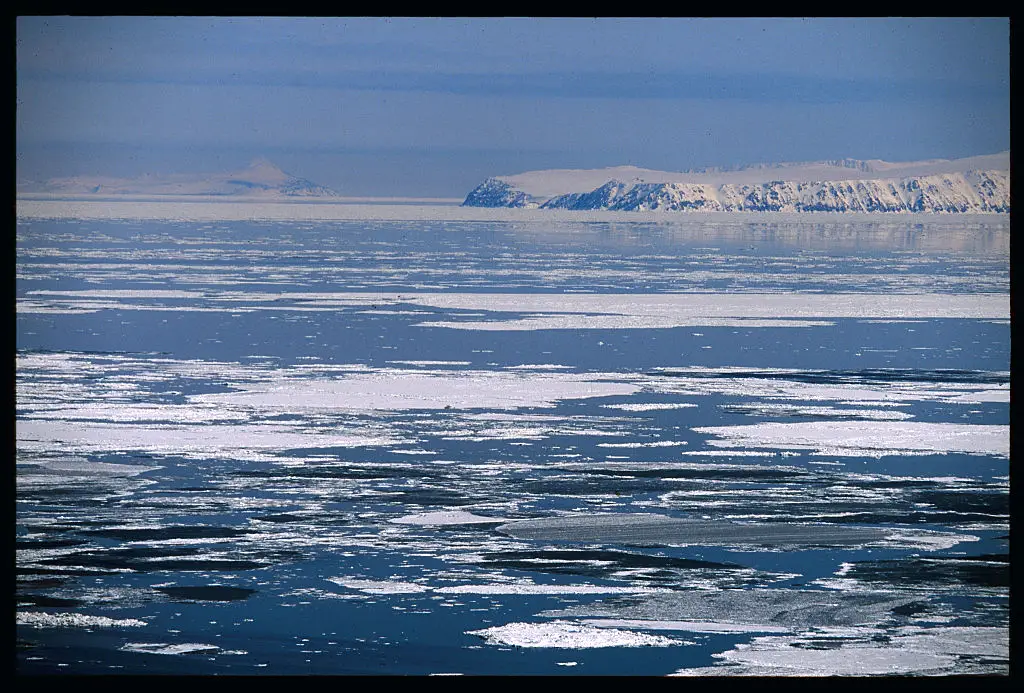 That's the Russian island of Big Diomede on the right, and the US island Little Diomede in the distance on the left (Jacques Langevin/Sygma/Sygma via Getty Images)