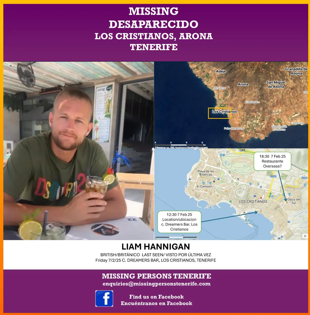 A missing persons appeal has been launched in the hopes of finding Liam (Facebook/Missing Persons Tenerife)