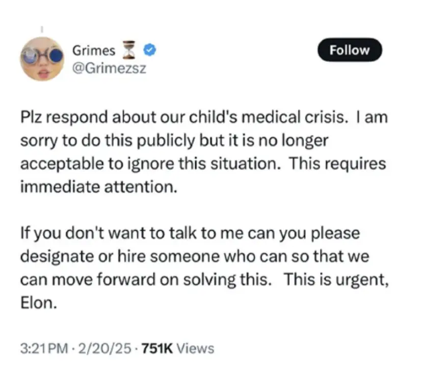 Grimes asked Musk to contact her about their child in a now deleted post (X/@Grimezsz)