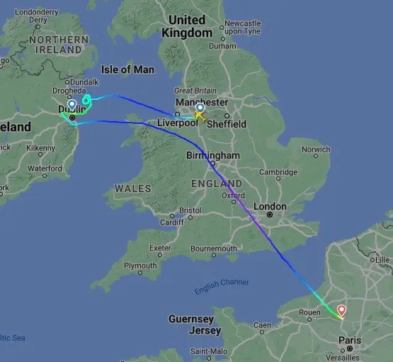 Brits online have been 'sparing a thought' to the flyers diverted to the city of love as flight FR555 was seen on FlightRadar circling the Irish Sea as it attempted to land at Dublin Airport.