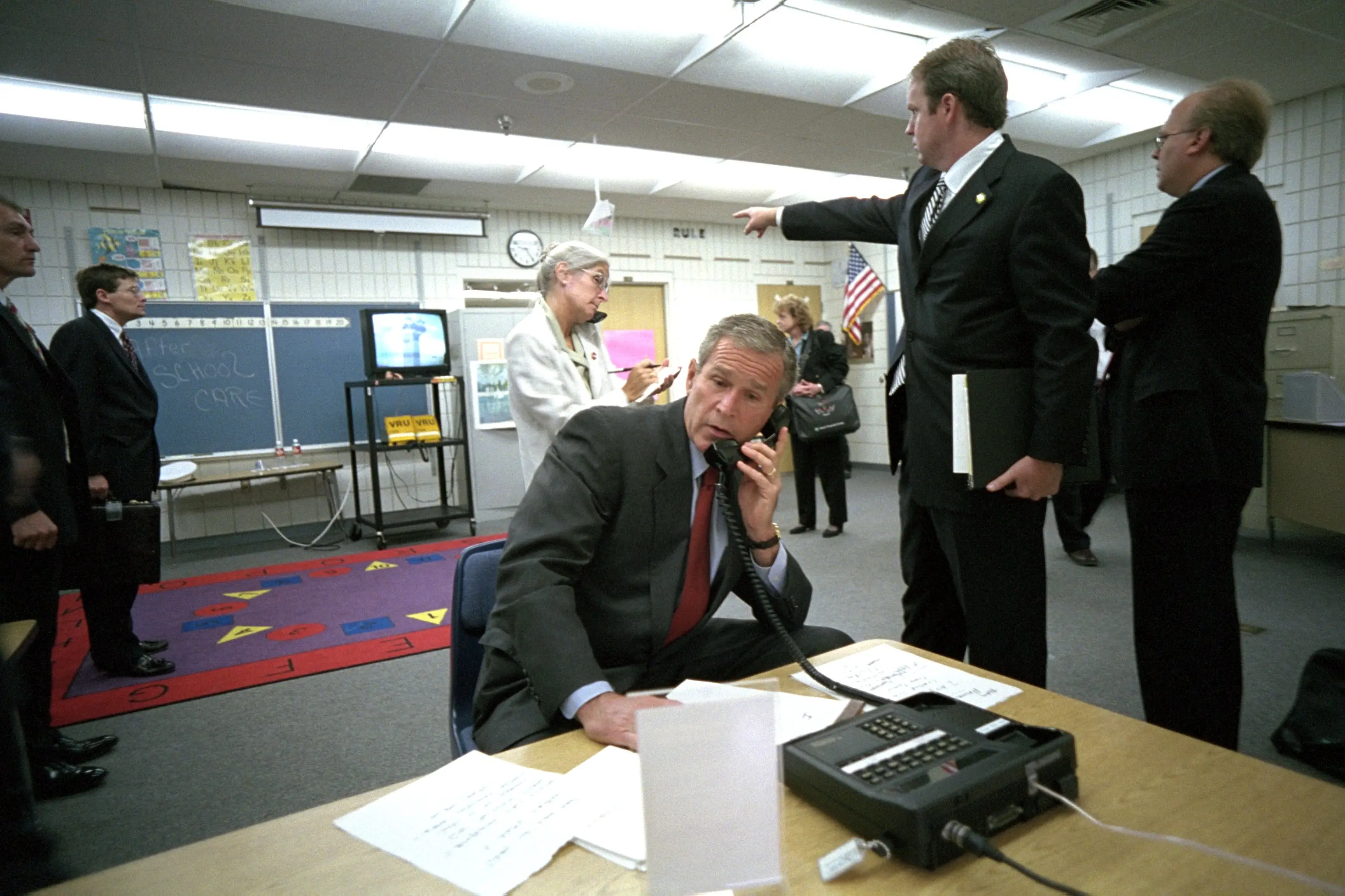 George W. Bush turned the Florida classroom into a makeshift command centre. (Eric Draper/George W. Bush Presidential Library/Getty Images