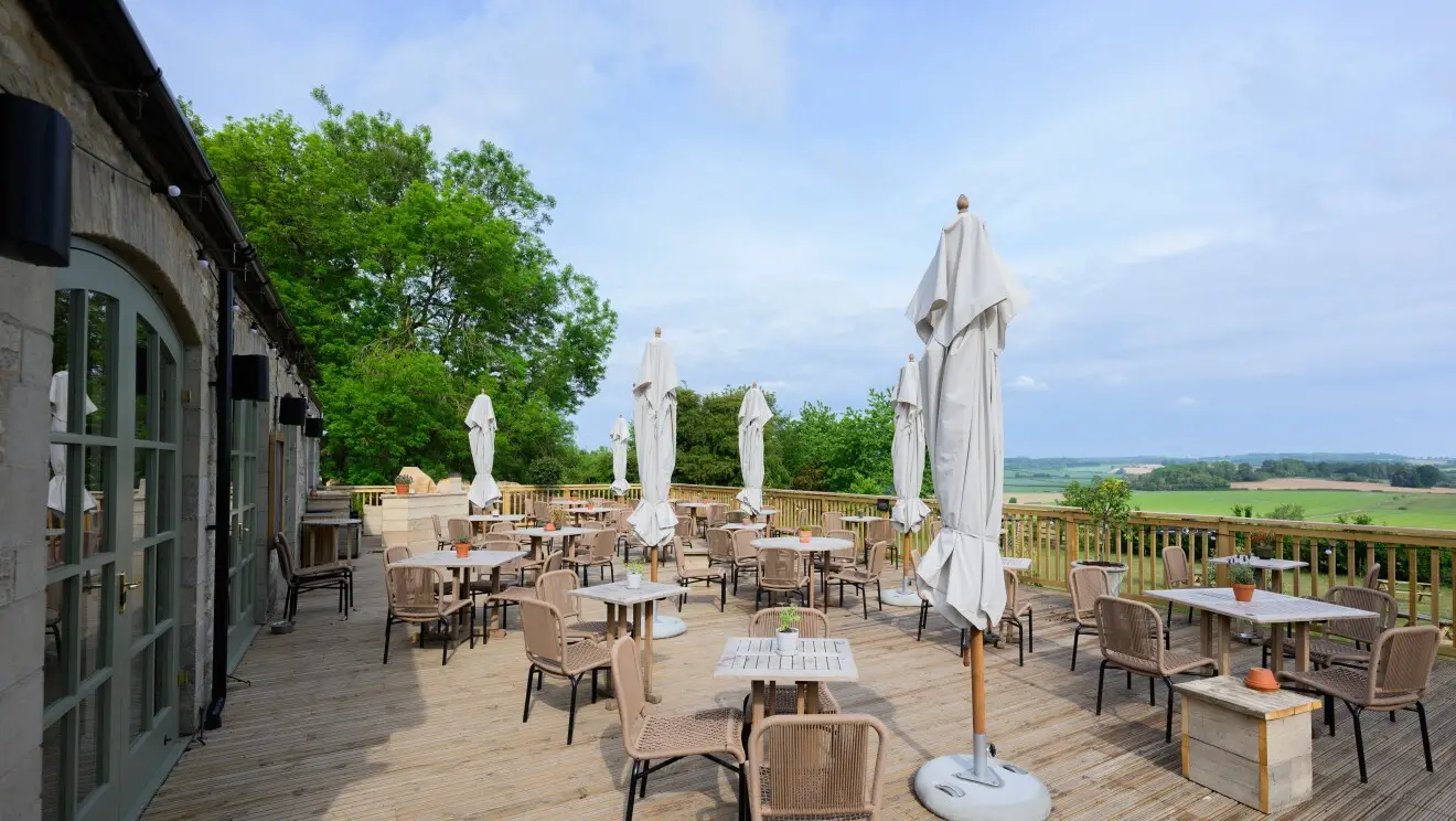 Clarkon's pub's decking before his new £40k umbrellas (Prime Video)