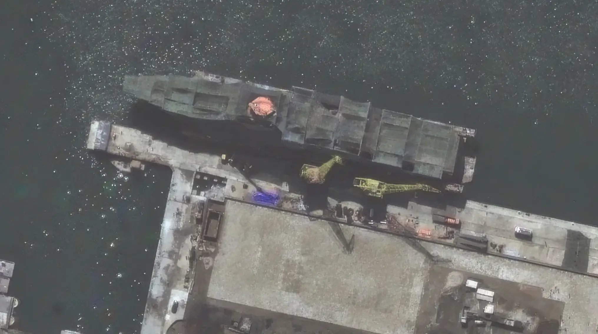 Satellite footage revealing the new military ship being built by the North Koreans (Maxar Technologies)