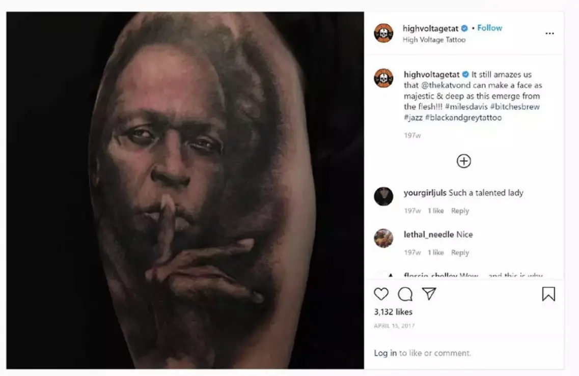 The tattoo in question was inspired by a portrait which photographer Jeff Sedlik took of Miles Davis (Court filing)