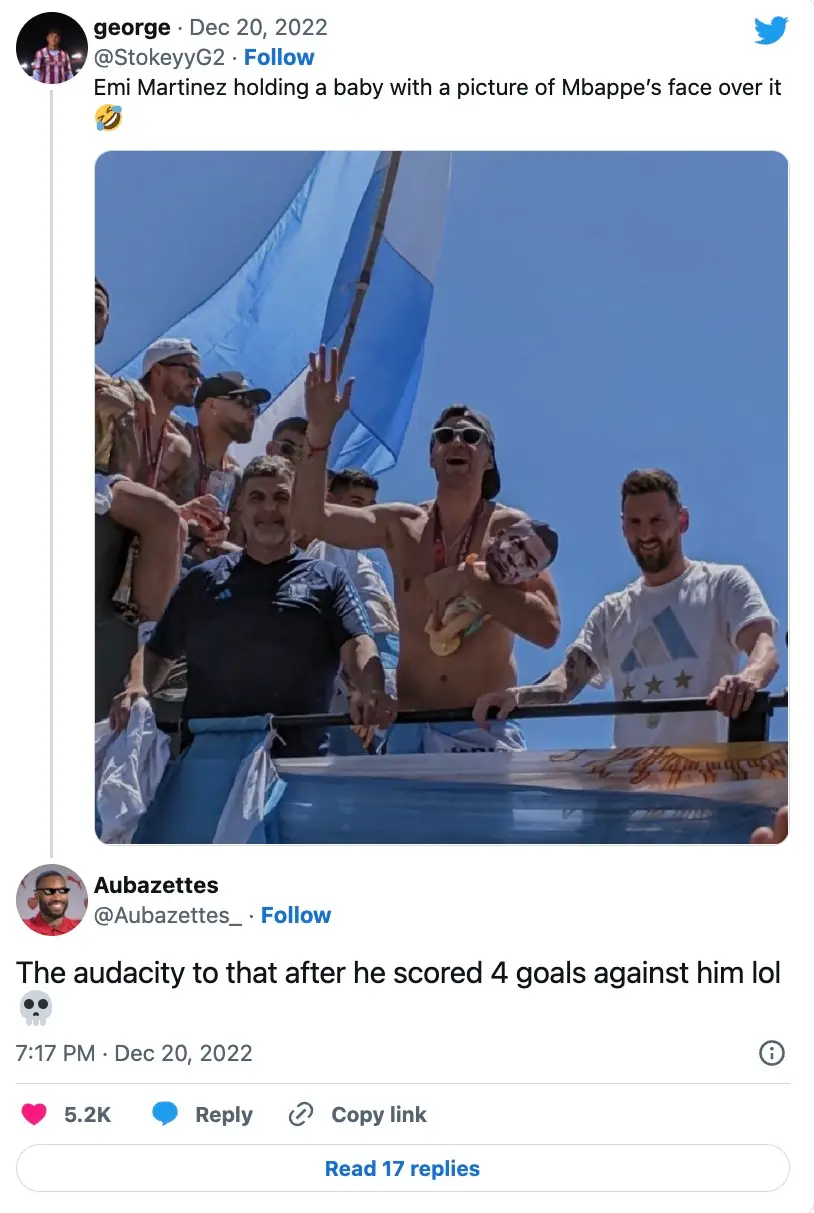 Martinez was seen holding a doll with Mbappe's face on it.