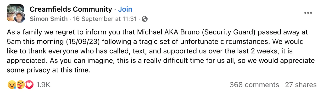 The news of Michael's passing was confirmed over the weekend (16 September).