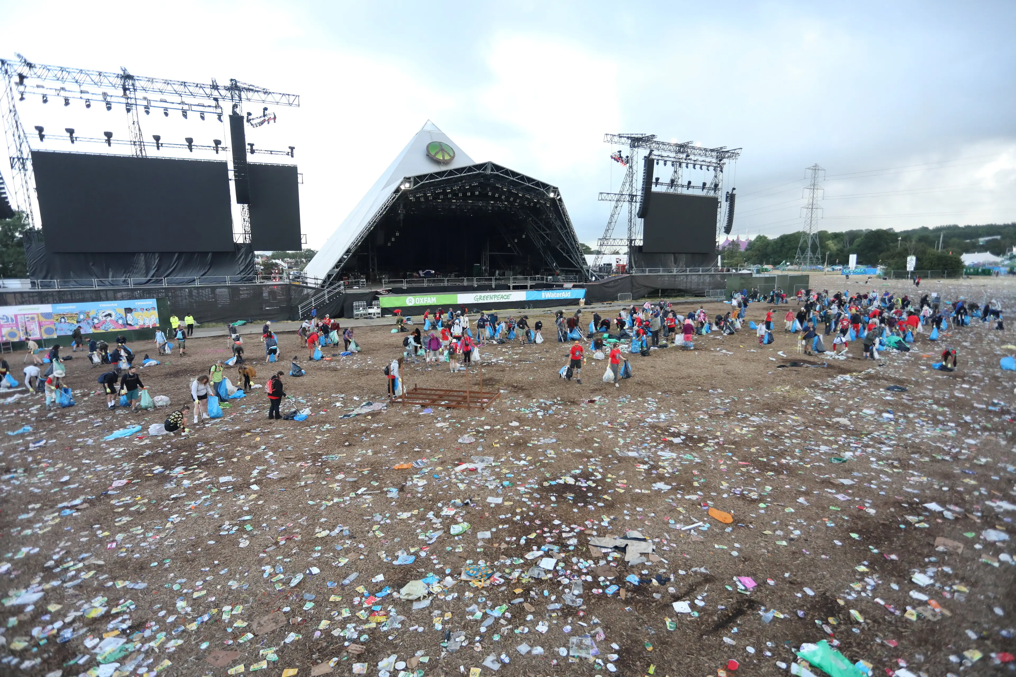 Dozens of litter pickets comb Glastonbury, clearing the site of rubbish left behind.