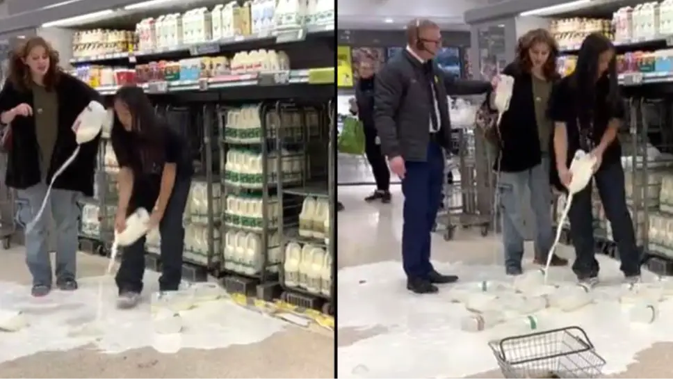 Vegan activists slammed for pouring milk on supermarket floors to send a message