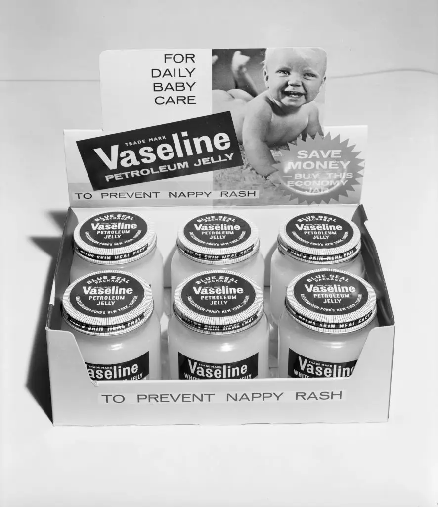 Jars of vaseline advertised as 'designed to prevent nappy rash' in 1964 (Chaloner Woods/Getty Images)