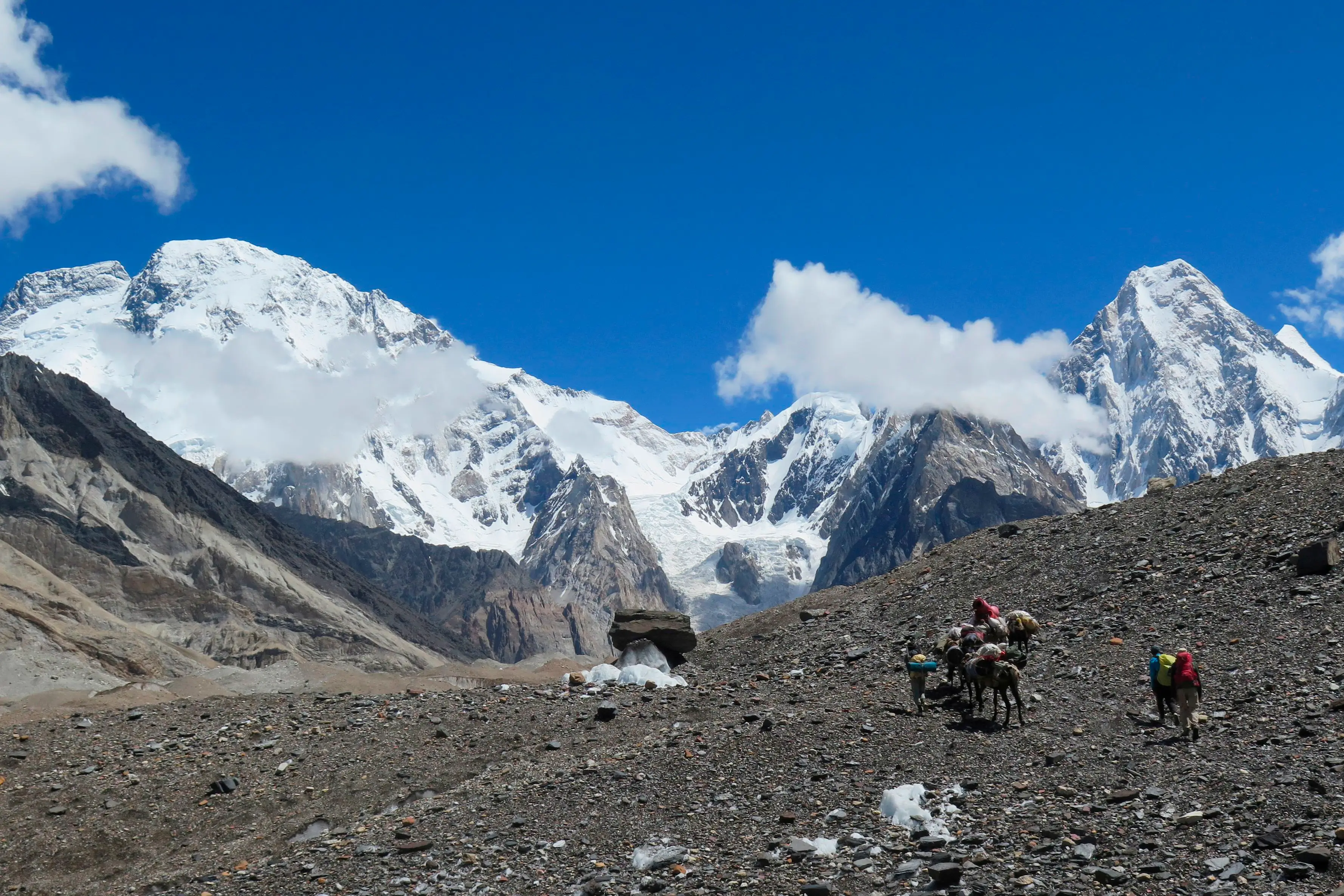 Broad Peak and Gasherbrum IV in the Karakoram range of Pakistan's mountain northern Gilgit region (AMELIE HERENSTEIN / AFP) (Photo by AMELIE HERENSTEIN/AFP via Getty Images)