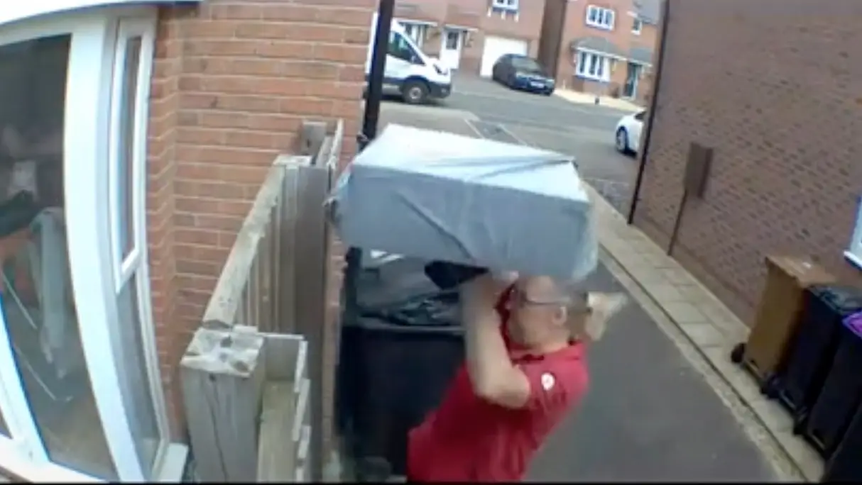 The DPD delivery driver clearly put quite a bit of effort into the throw, as seen in the CCTV footage.