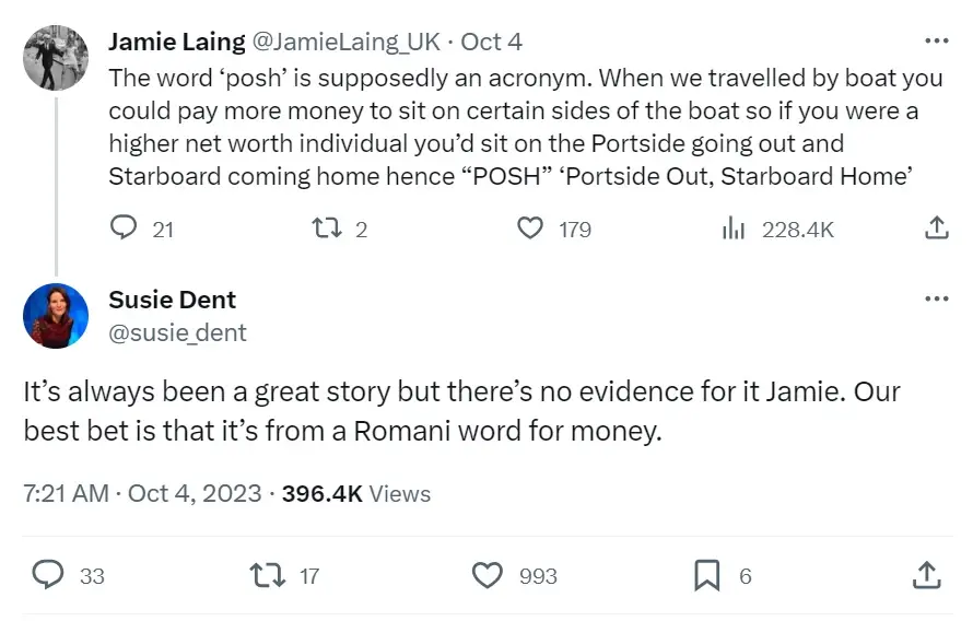 To be fair it would be quite an honour to be schooled on etymology by Susie Dent.