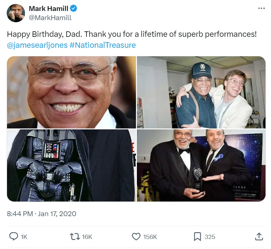 It's by no means the first time Hamill has called James Earl Jones 'dad'. (Twitter/@MarkHamill)