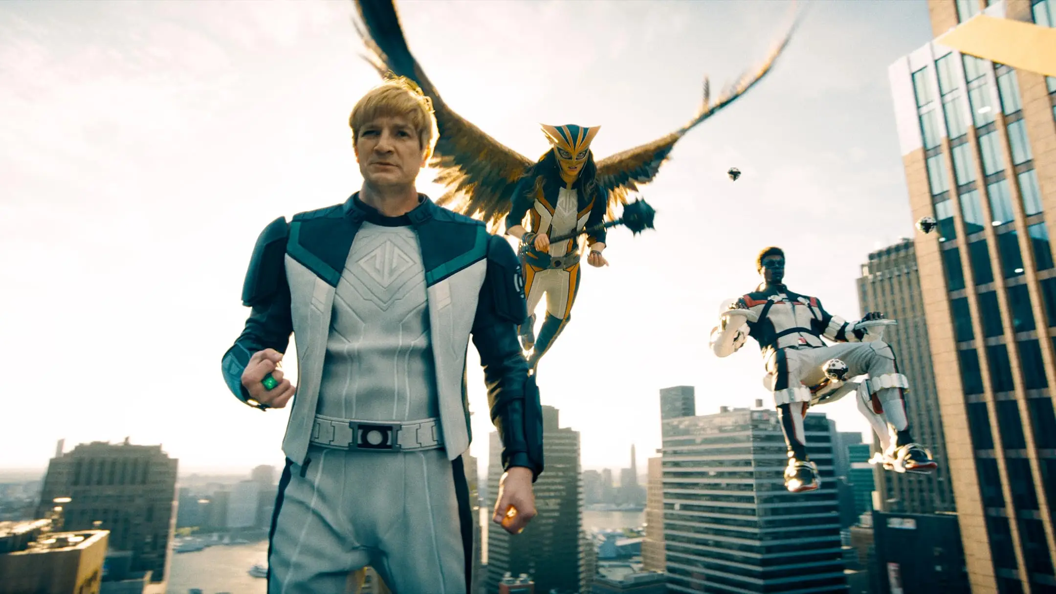 Nathan Fillon, Isabella Merced, and Edi Gathegi as their Superman characters, Warner Bros. Pictures