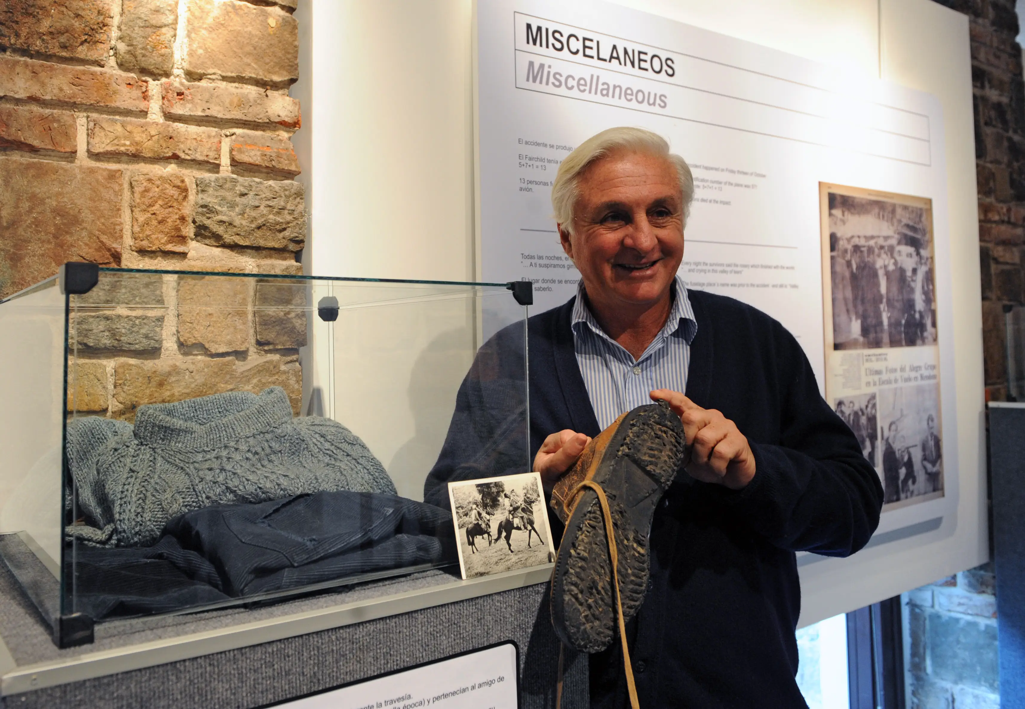 Roberto Canessa, one of the plane crash survivors, shows clothes they wore during their ordeal (MIGUEL ROJO/AFP/GettyImages)