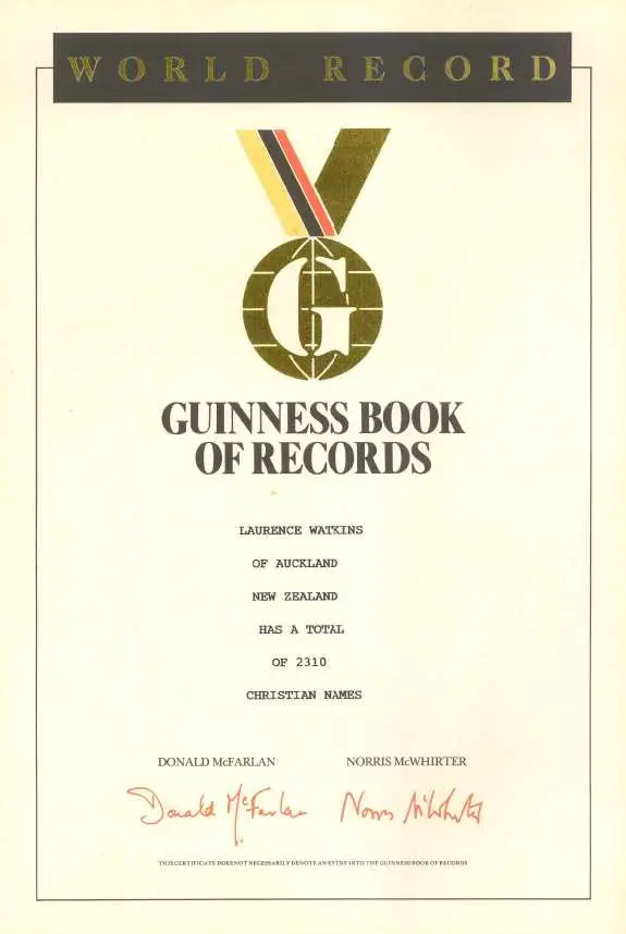 The certificate given to Watkins by the Guinness Book of World Records.