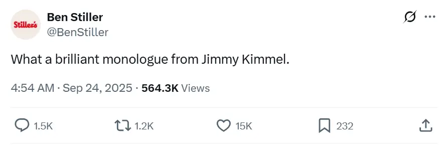 He's happy to see the talk show host return (X/@BenStiller)