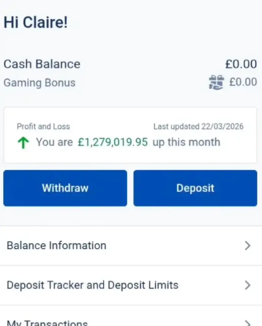 Claire shared a screenshot of her William Hill account (Facebook)