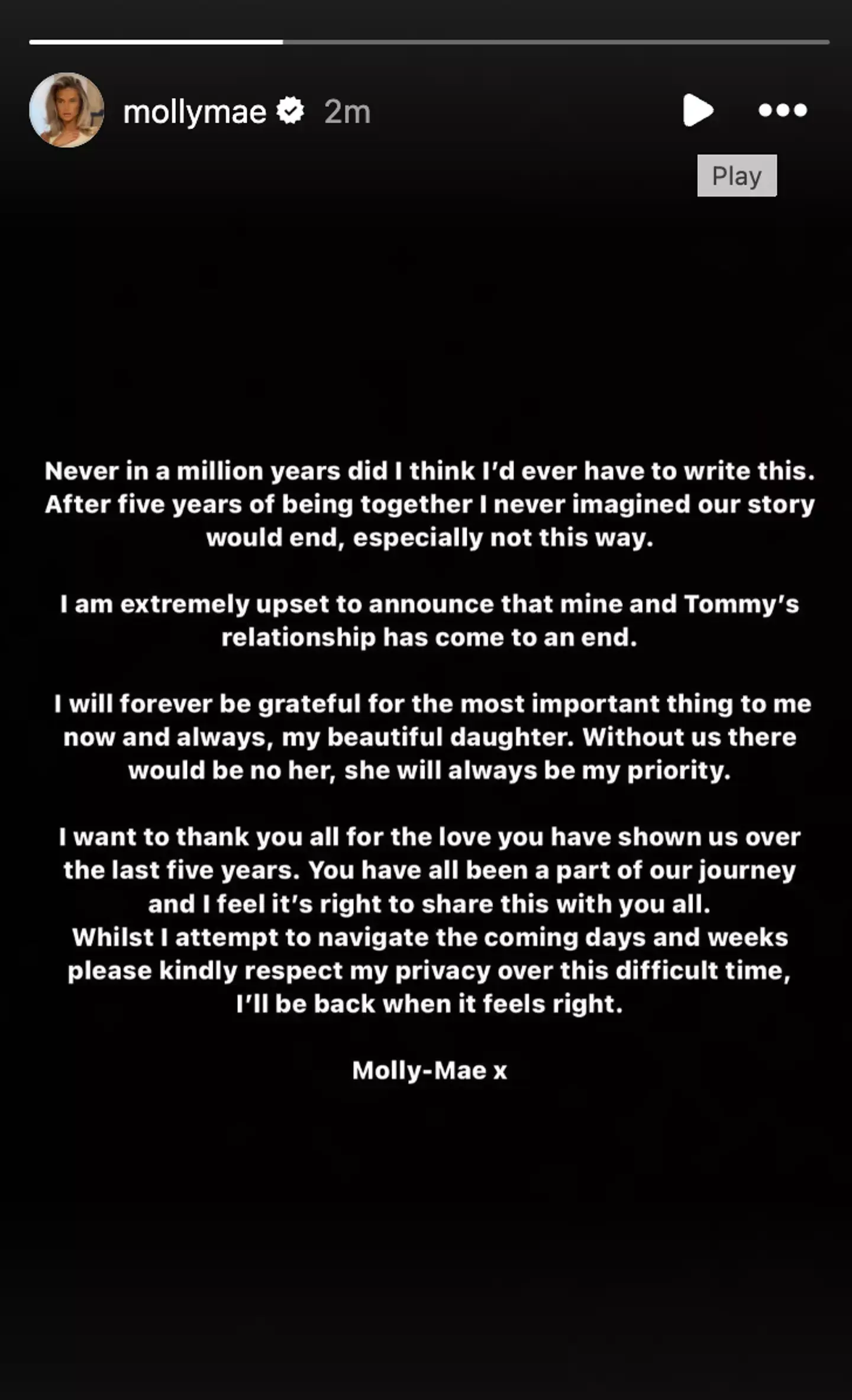 The statement uploaded to Instagram stories by Molly-Mae. (Instagram/@Mollymae)