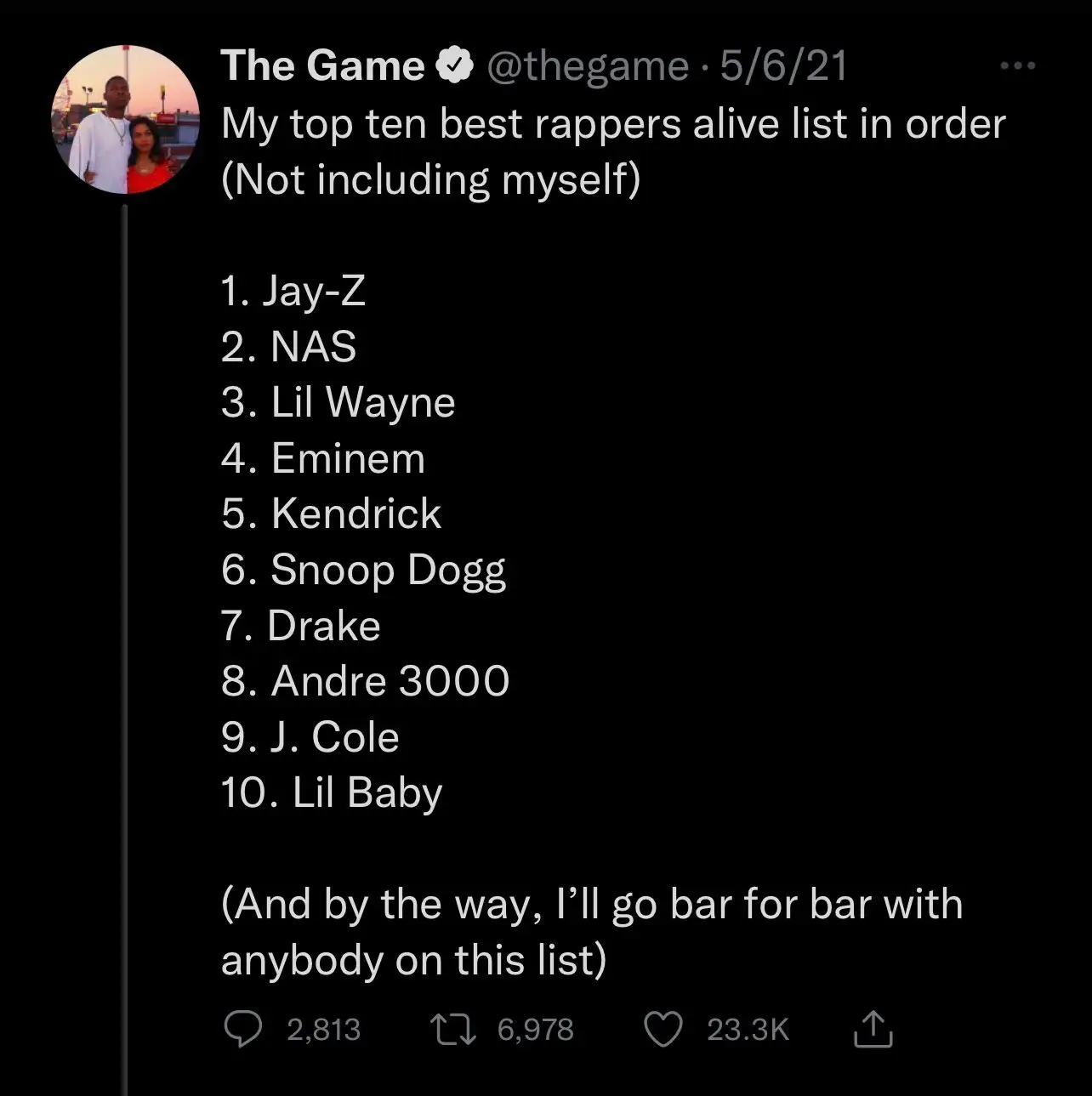 The Game giving Eminem fourth spot.