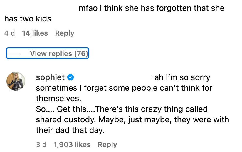 Turner responded to a cruel comment about her Oasis concert trip (Instagram @sophiet)