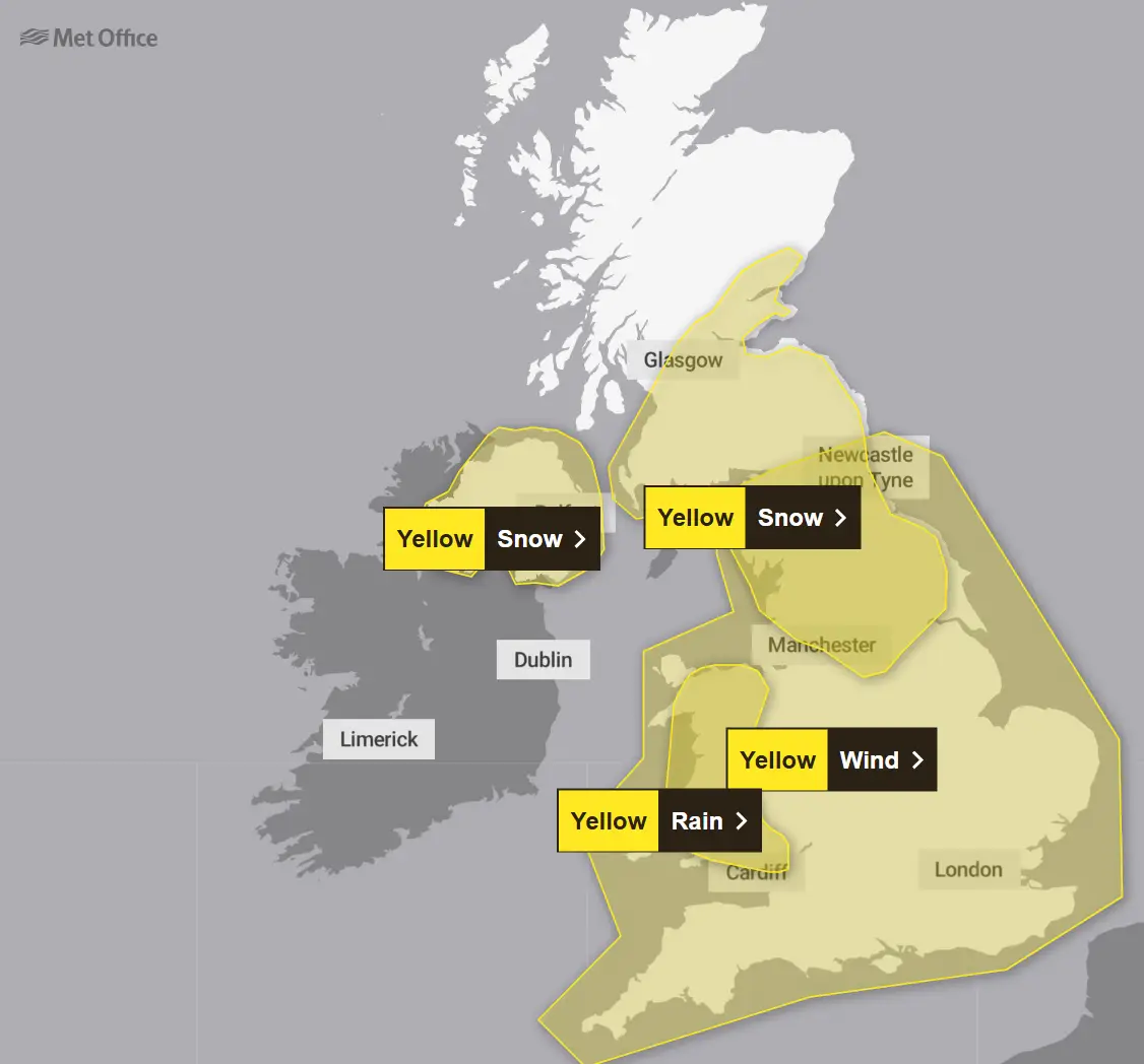 On New Year's Day the north of England, south of Scotland and all of Northern Ireland will need to be on the lookout for snow (Met Office)