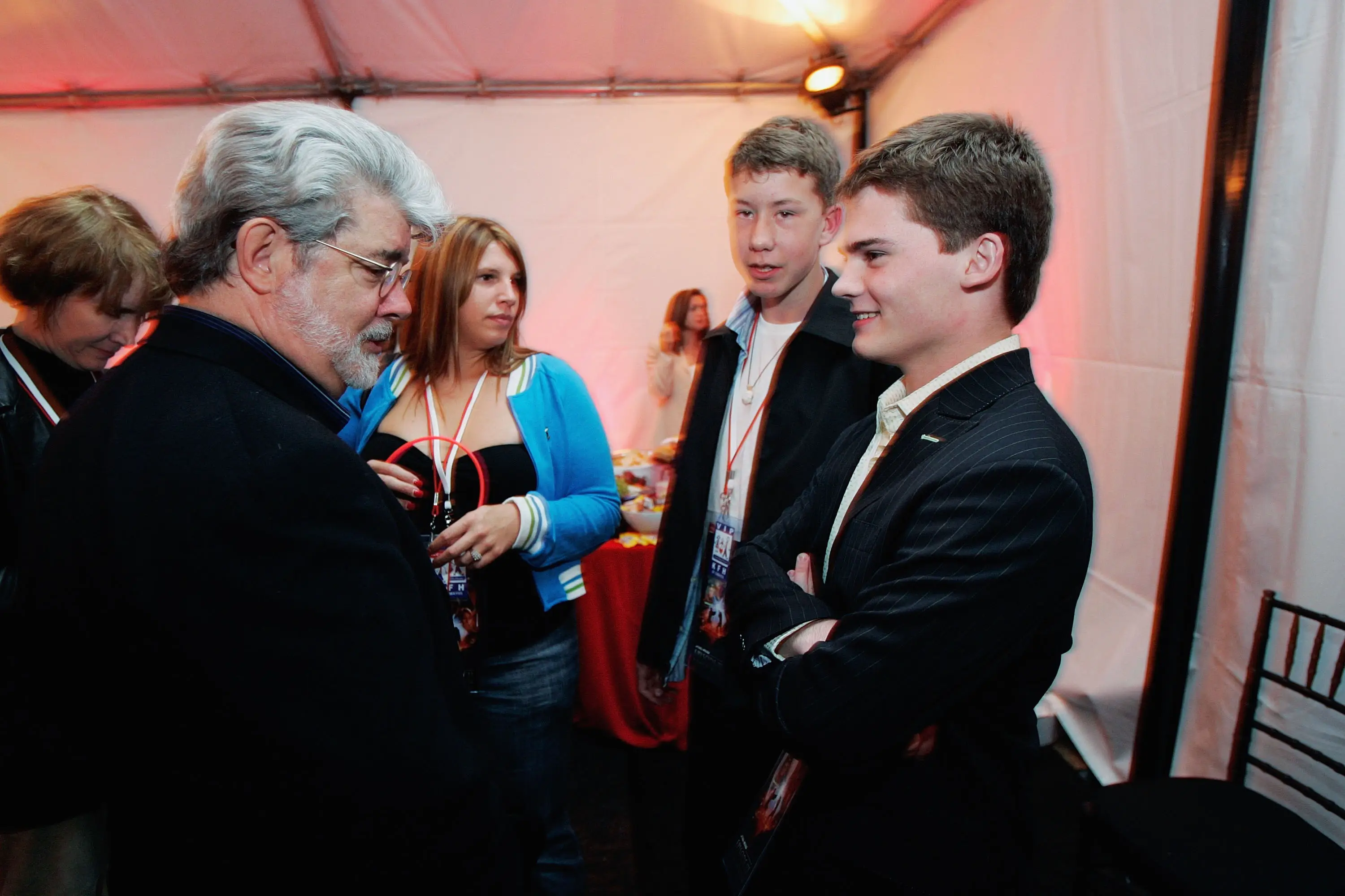Jake Lloyd and George Lucas in 2005 at the Revenge of the Sith after-party (David Paul Morris/Getty Images)