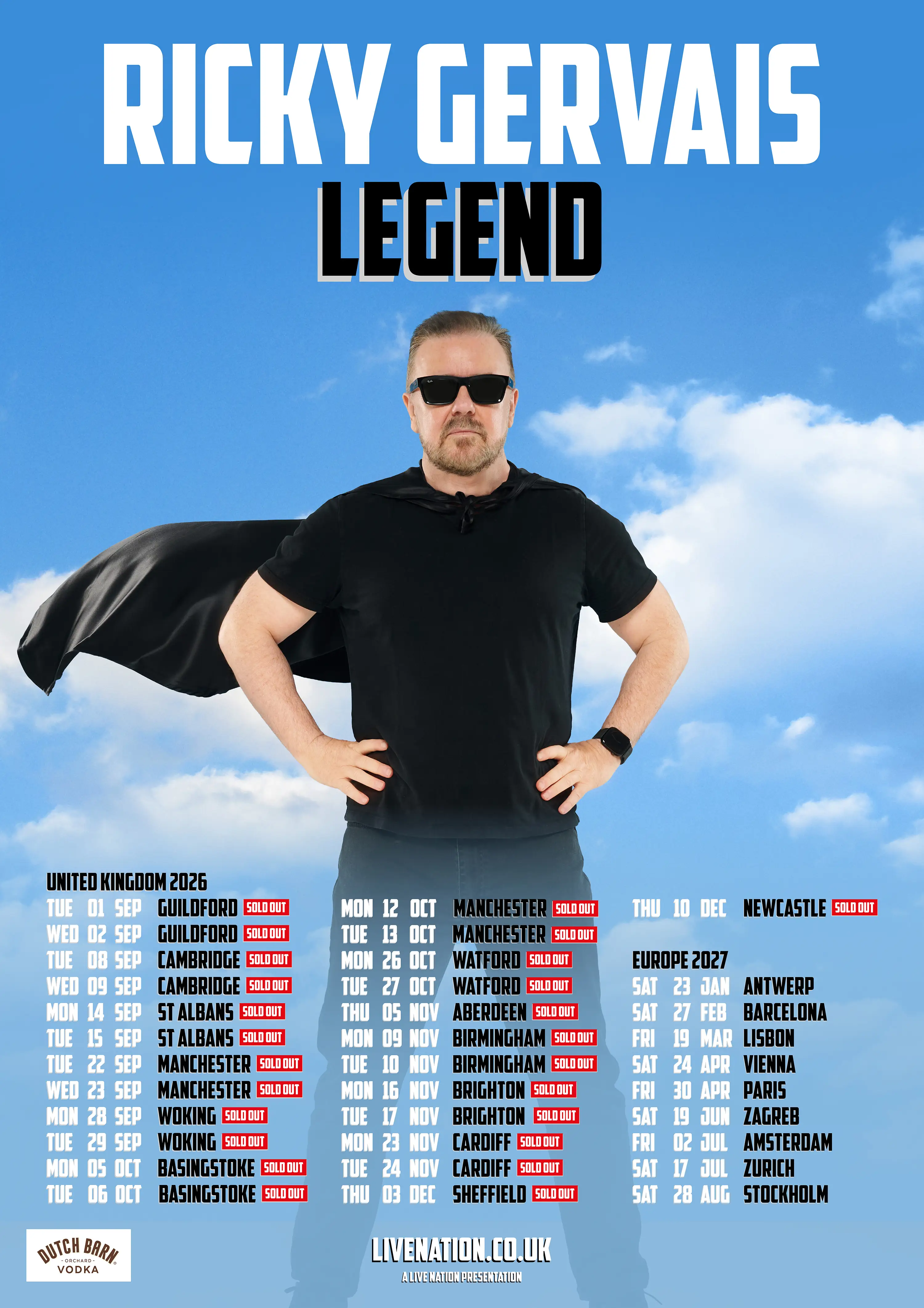 Ricky Gervais will be heading on his worldwide tour, with more dates to be announced (Ray Burmiston)