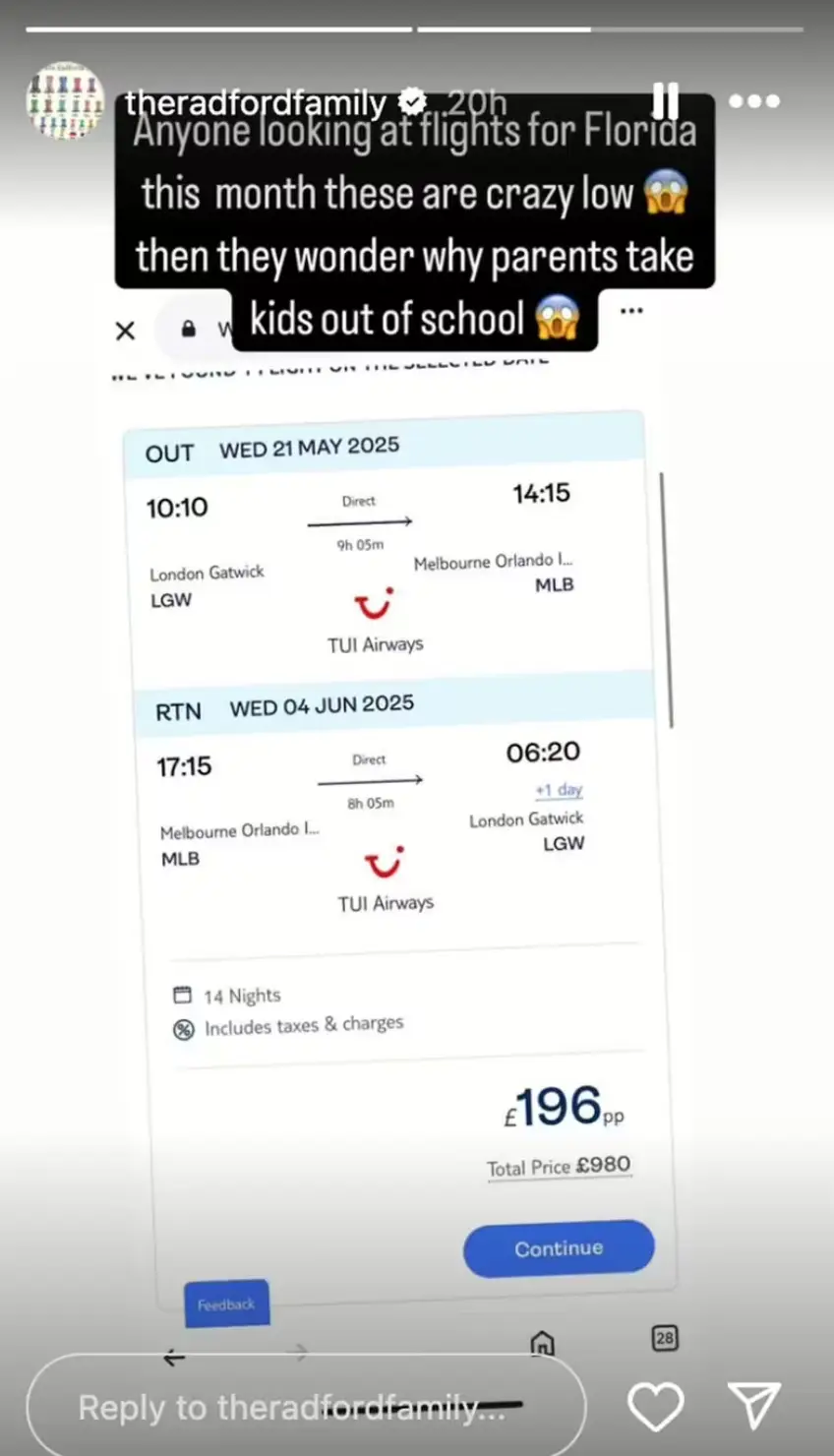 Sue said she understood 'why parents take kids out of school' (Instagram/ theradfordfamily)