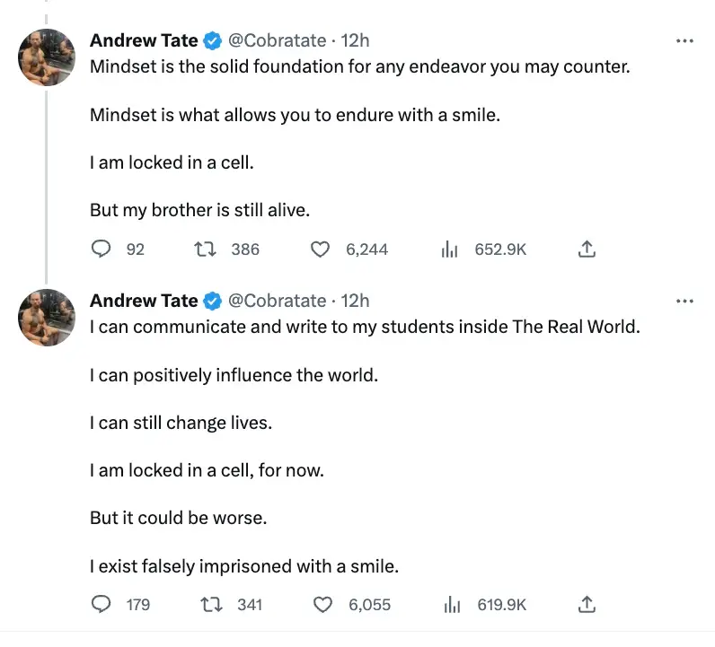 The controversial internet figure shared a series of bizarre tweets from his prison cell.