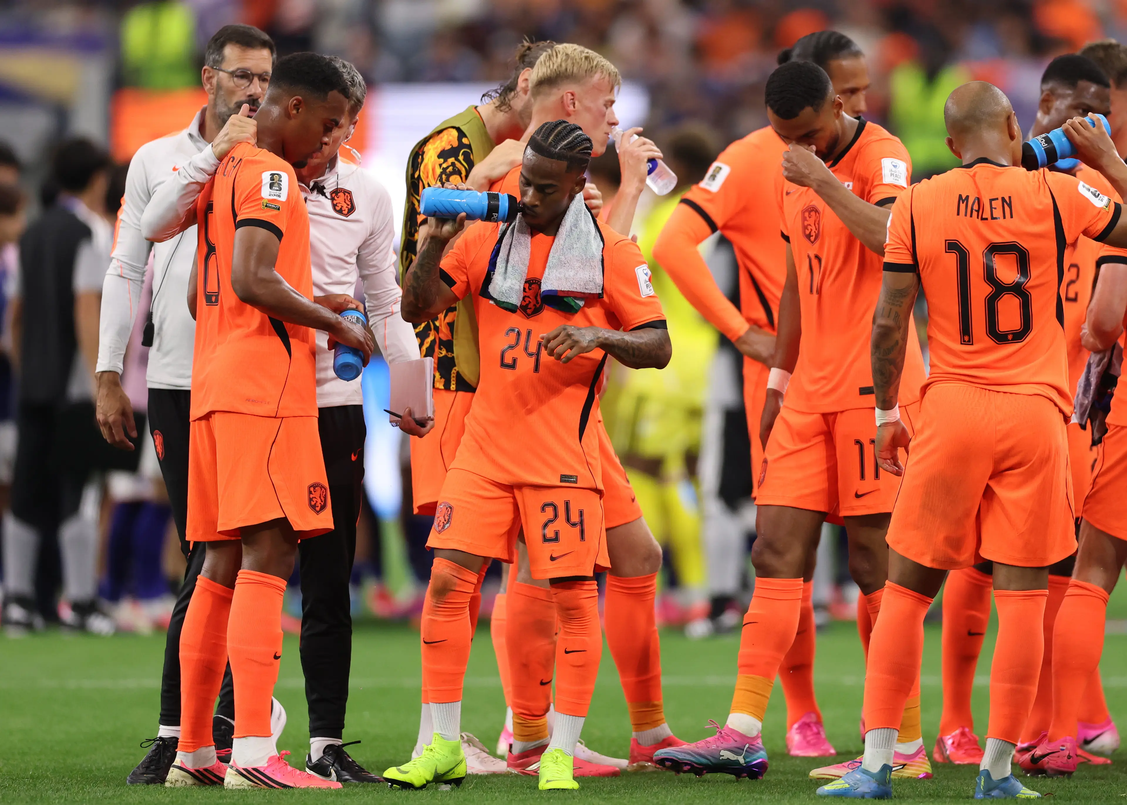 Netherlands players during a hydration break. (Photo by Michael Steele/Getty Images)