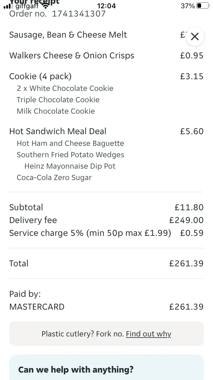 His order from the bakery chain had an extortionate fee added to it.