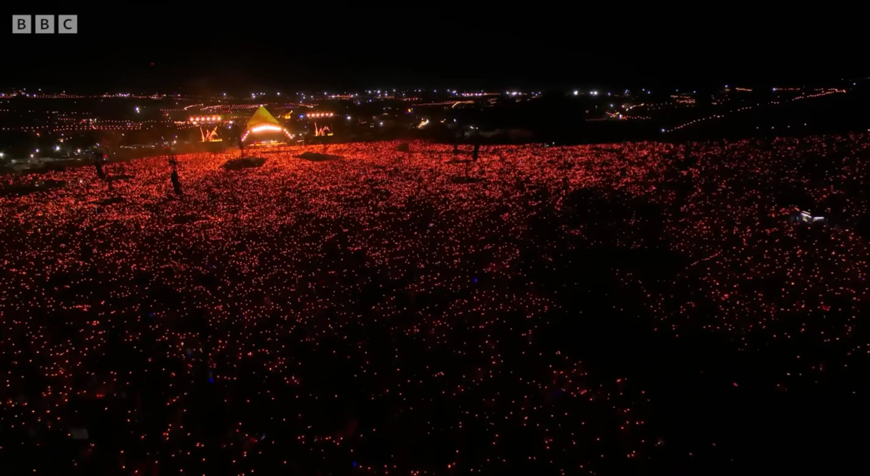 The band pulled in the crowd for their headline set at Glastonbury's Worthy Farm. (BBC)