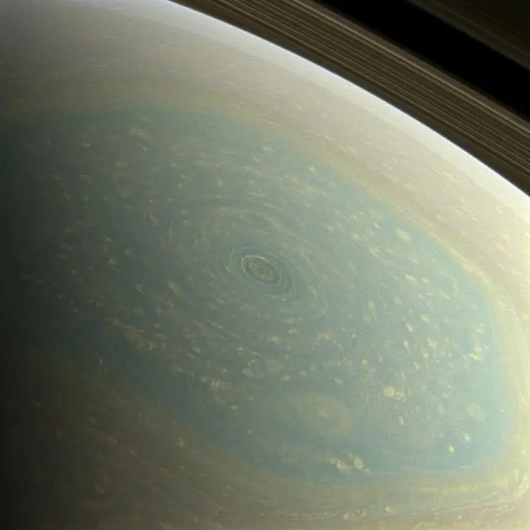 The north pole of Saturn, in the fresh light of spring, is revealed in this colour image from Cassini (NASA)