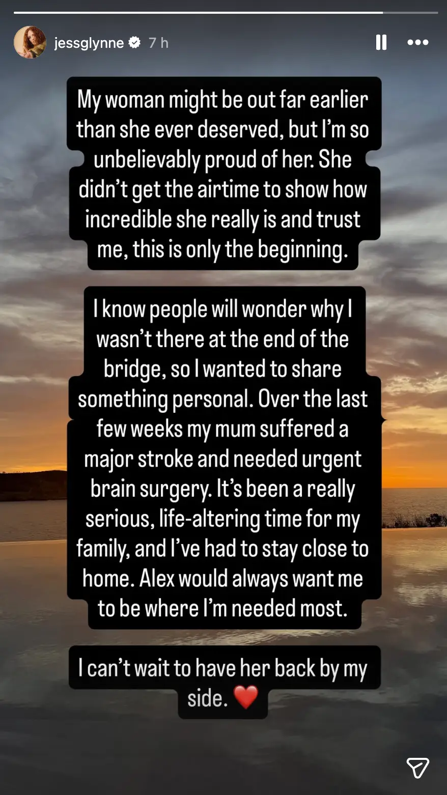 The singer explained her absence from Alex's eviction on Instagram (Instagram/Jess Glynne)