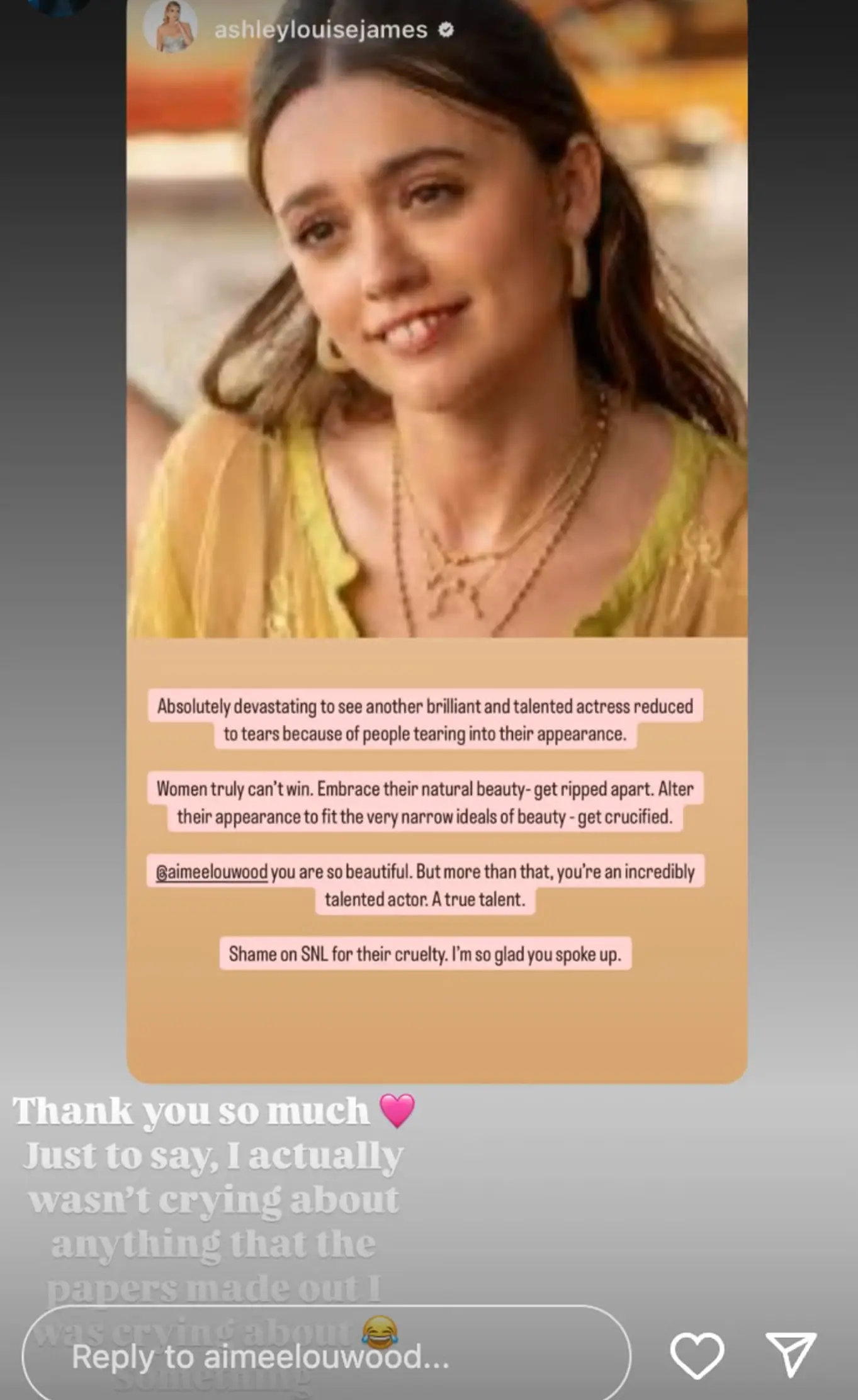 She reassured people that the tears weren't anything to do with the SNL sketch (Instagram/@aimeelouwood)