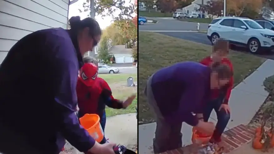Doorbell footage captures woman taking all sweets and then blames it on son when caught