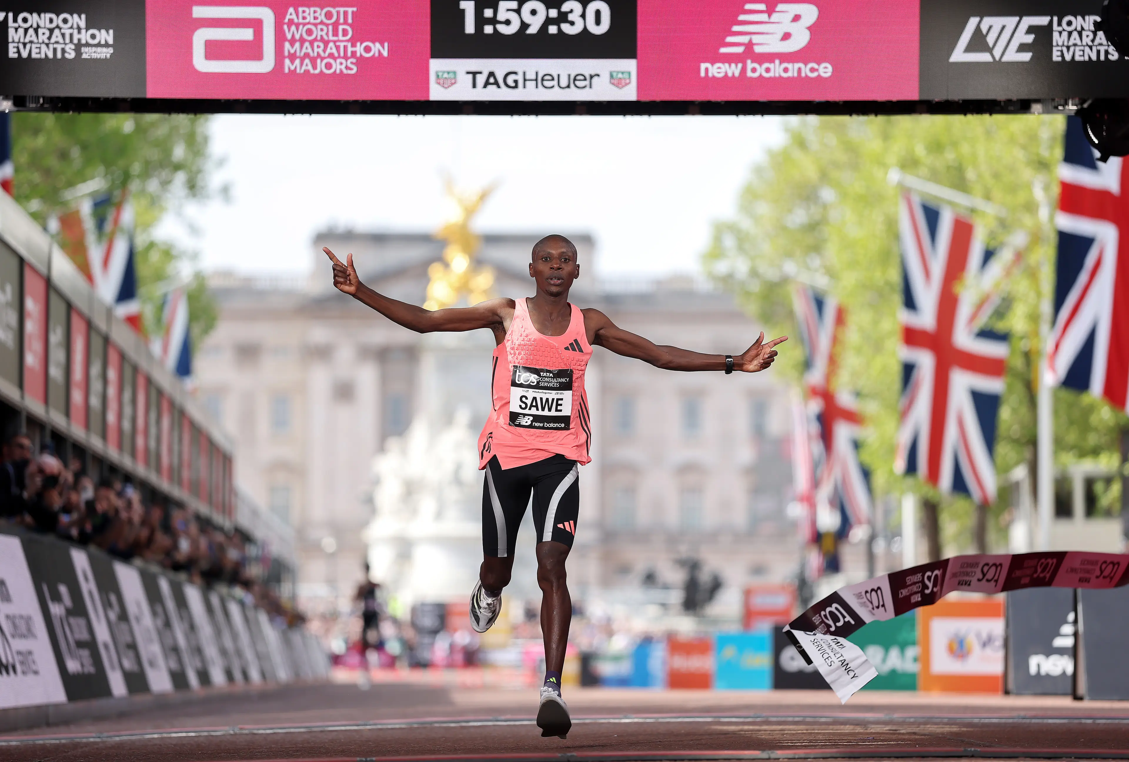 Kenya's Sabastian Sawe made history at the 2026 London Marathon by becoming the first athlete to complete a sub-two-hour marathon (Alex Davidson/Getty Images)