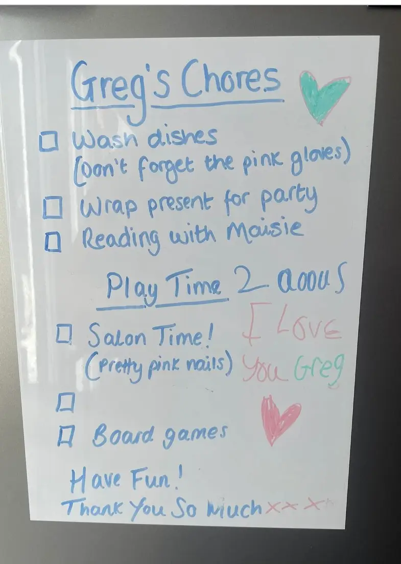 The parents comically left a list of chores for him to complete on Saturday.