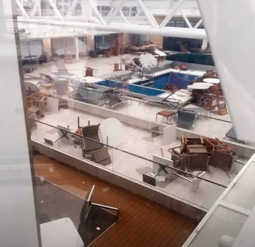 The vessel was left in chaos after being battered by powerful winds and rough seas. (7News)