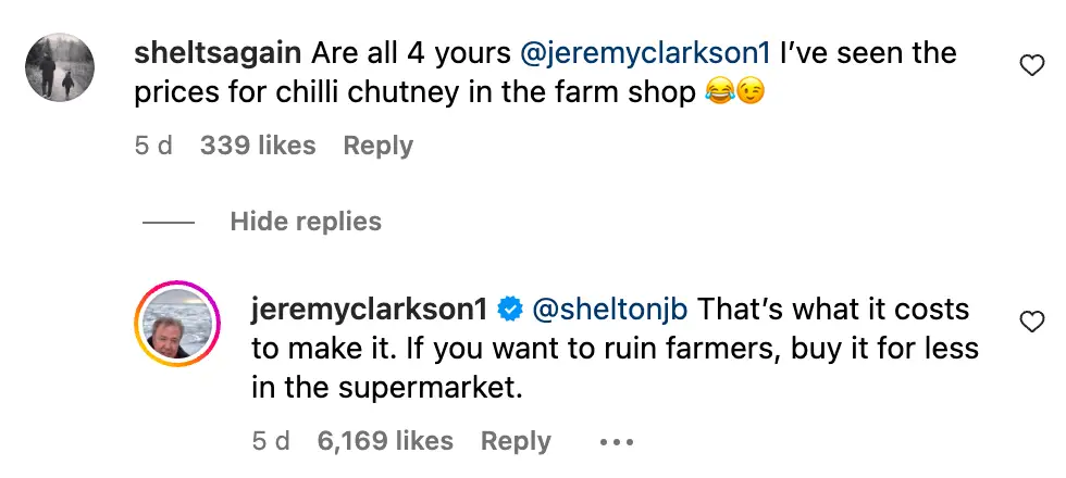 The Clarkson's Farm star was quick to respond to the criticism.