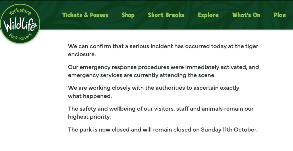 Yorkshire Wildlife Park has put a statement up about the incident on their website.