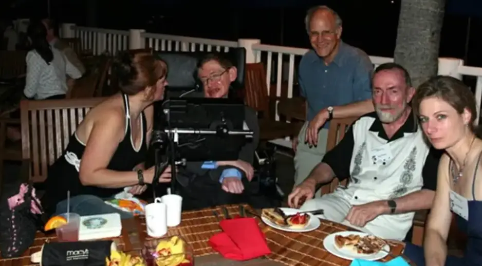 Hawking was also pictured having dinner on Epstein's island, and is here pictured with physicists David Gross, Kip Thorne and Lisa Randall (DOJ)