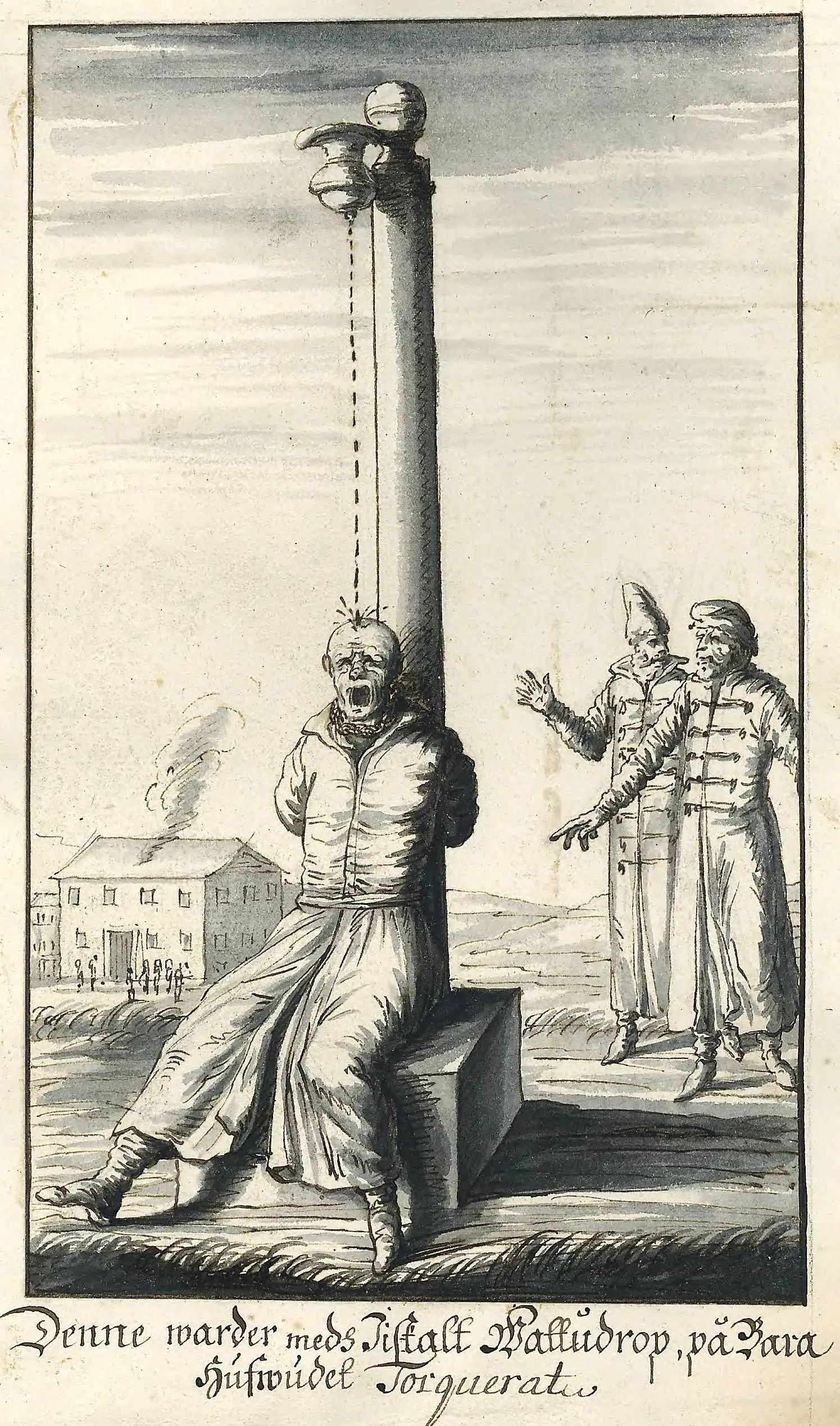 A Swedish illustration from 1674 demonstrating the distress caused by water torture (Public Domain)
