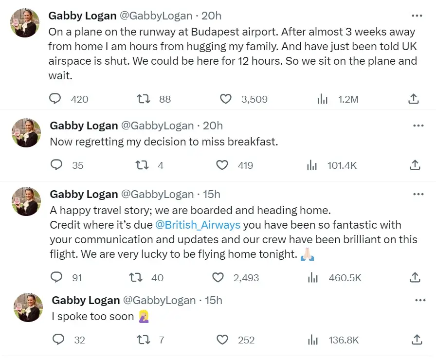 A travel story in four parts, courtesy of Gabby Logan.
